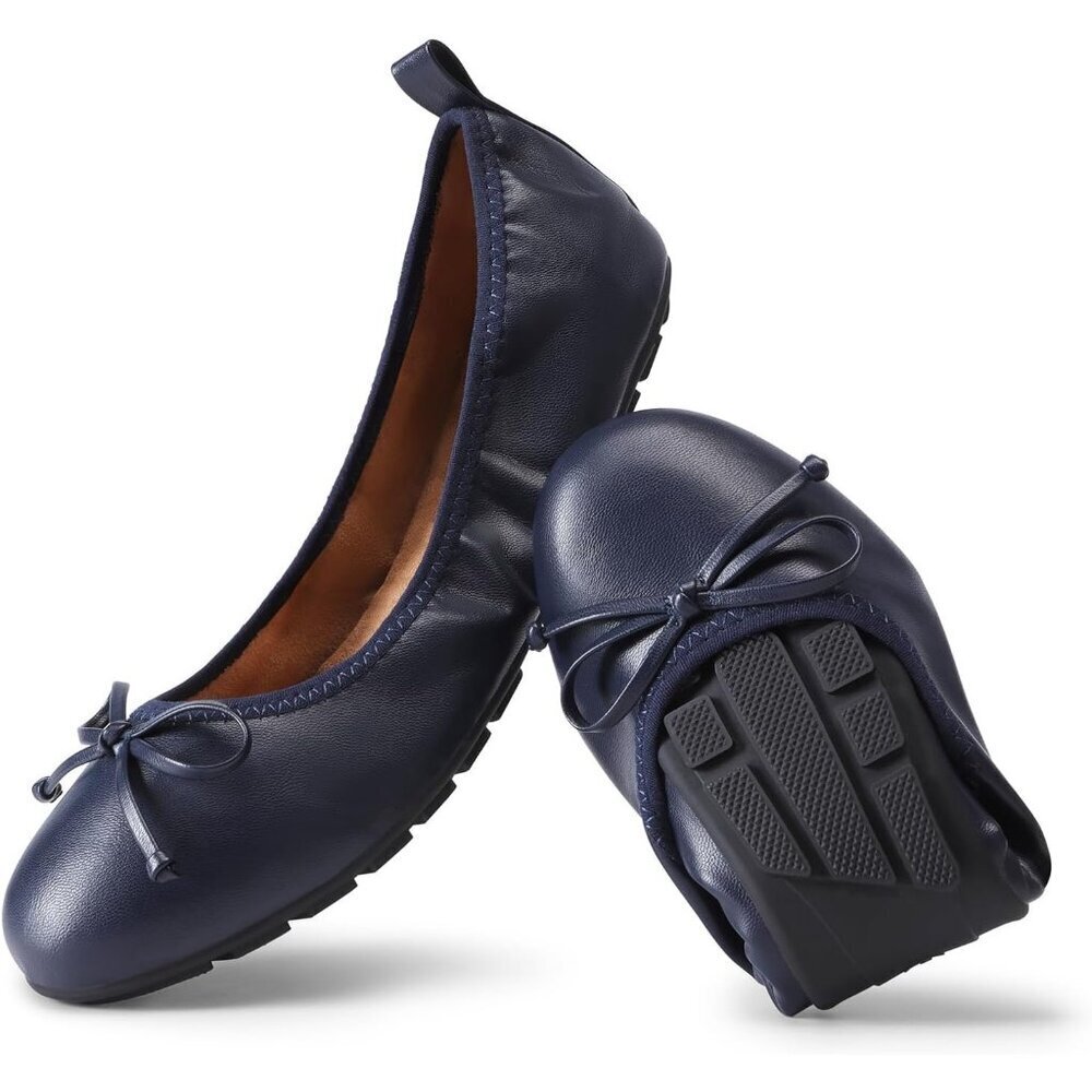 Women's Navy Flats Foldable Ballet Bowknot Round Toe Comfort Light Weight